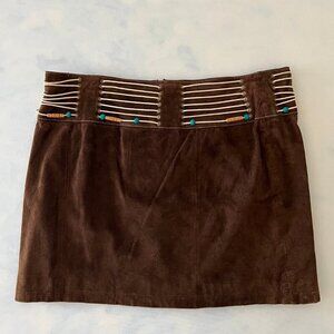 Wilson's Vintage 90's Brown Leather Suede Beaded Boho Chic Mini Skirt
